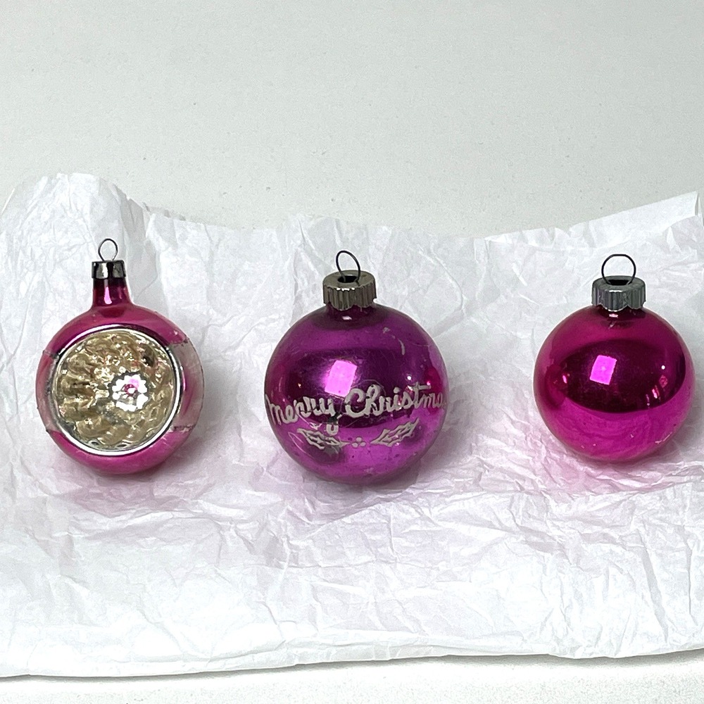Vintage Pink Glass Christmas Ornaments Shiny Brite Poland Indent Lot of 3